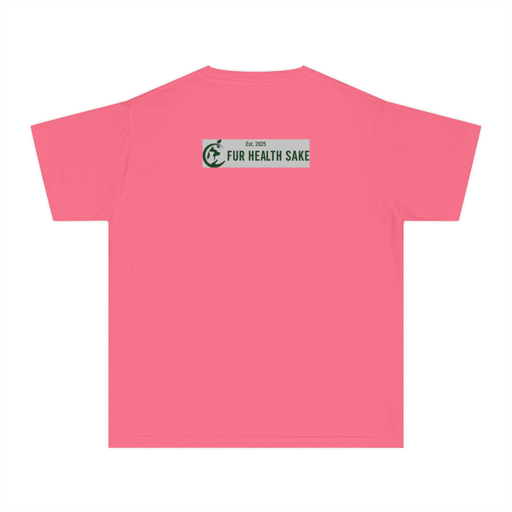 Youth Tee — Corgi Stretch Front Graphic & “Fur Health Sake” Back Logo