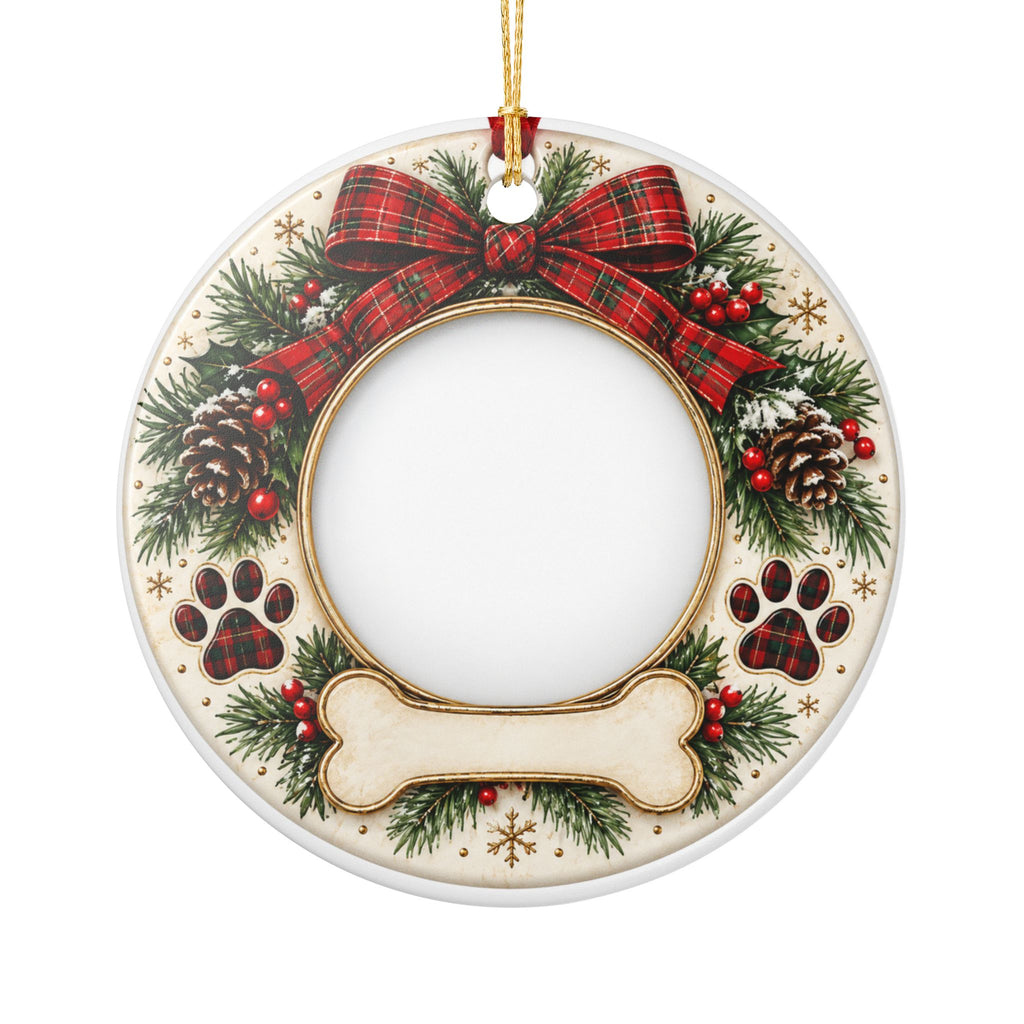 Heart Ceramic Ornament – Festive Pine & Plaid Photo Frame (Custom Year 2026)