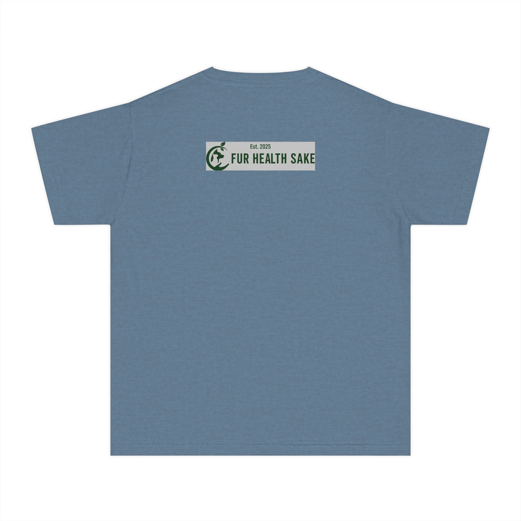 Youth Tee — Corgi Stretch Front Graphic & “Fur Health Sake” Back Logo