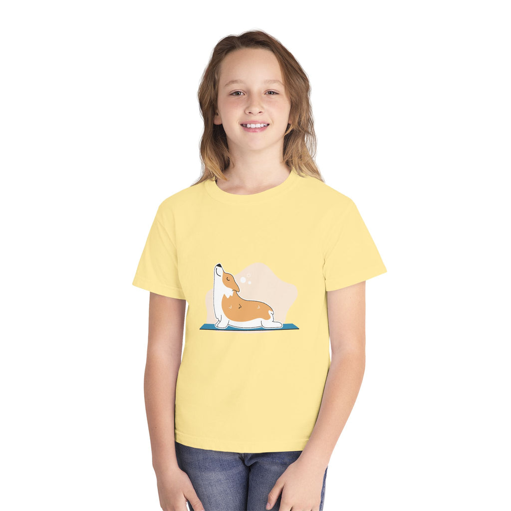 Youth Tee — Corgi Stretch Front Graphic & “Fur Health Sake” Back Logo
