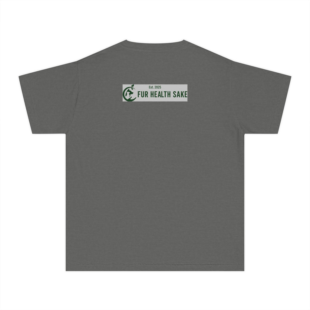 Youth Tee — Corgi Stretch Front Graphic & “Fur Health Sake” Back Logo