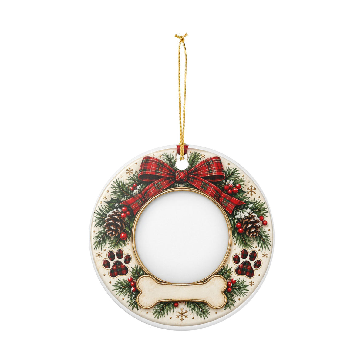 Heart Ceramic Ornament – Festive Pine & Plaid Photo Frame (Custom Year 2026)