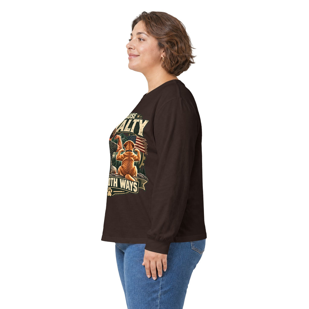 Because Loyalty Runs Both Ways Long Sleeve Tee — Veteran & Dog Lover Military Tribute Shirt