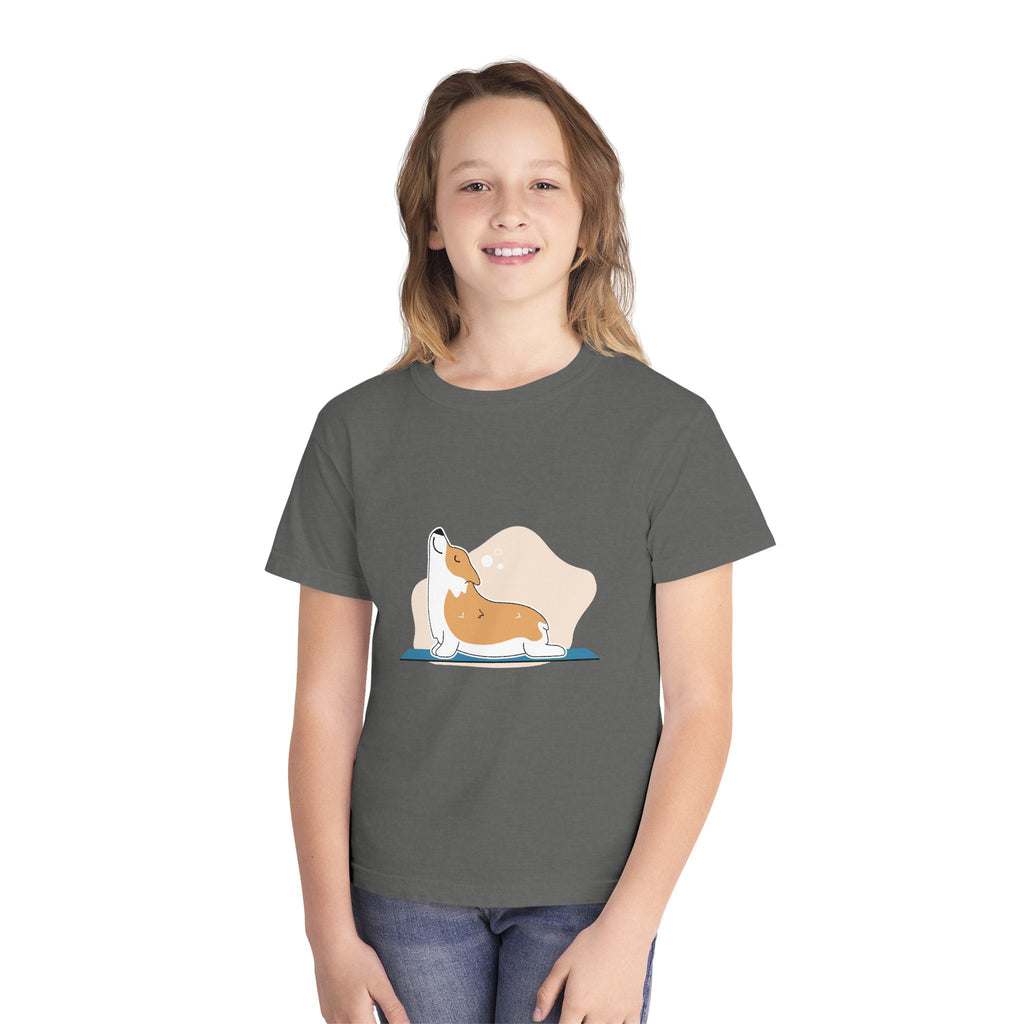 Youth Tee — Corgi Stretch Front Graphic & “Fur Health Sake” Back Logo