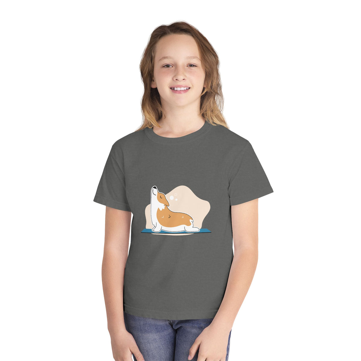 Youth Tee — Corgi Stretch Front Graphic & “Fur Health Sake” Back Logo