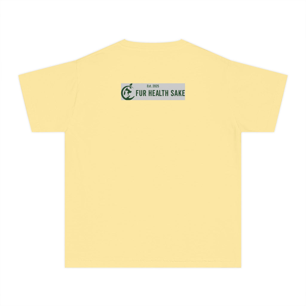 Youth Tee — Corgi Stretch Front Graphic & “Fur Health Sake” Back Logo