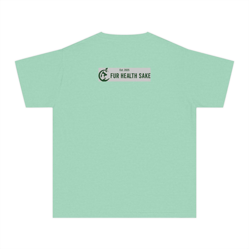 Youth Tee — Corgi Stretch Front Graphic & “Fur Health Sake” Back Logo